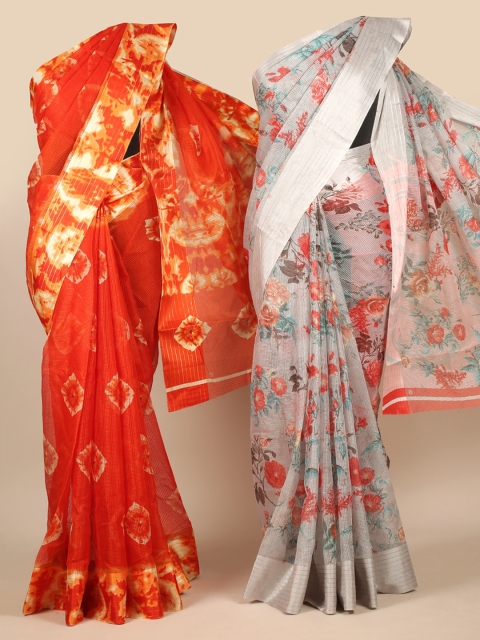 Pothys Orange & Grey Set of 2 Jute Silk Saree