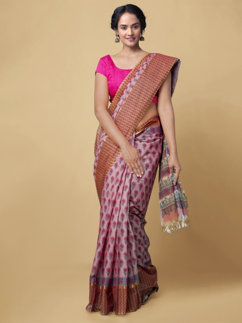 Unnati Silks Pink & Brown Floral Pure Cotton Mangalagiri Saree