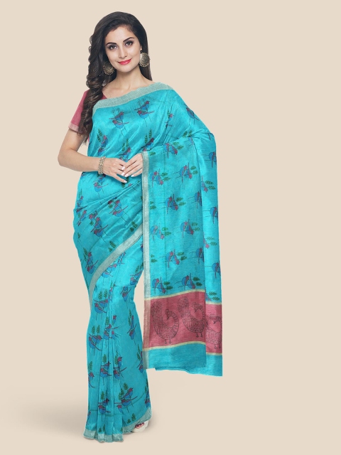 KLM Fashion Mall Blue Ethnic Motifs Linen Blend Saree