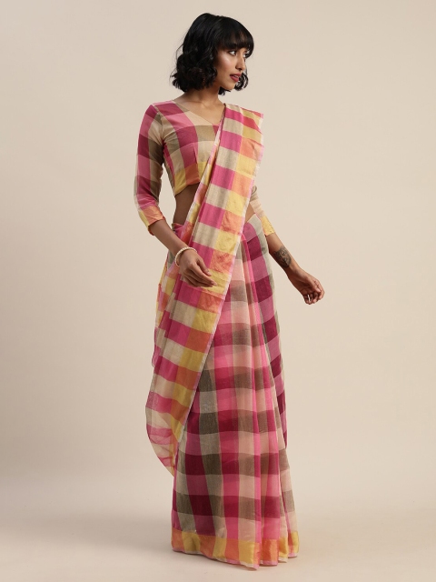 Florence Beige & Pink Checked Zari Silk Cotton Saree