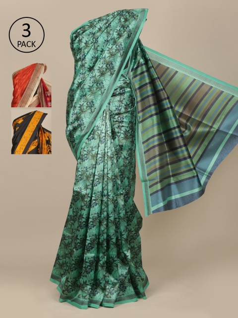 Pothys Pack Of 3 Printed Jute Silk Saree, Green
