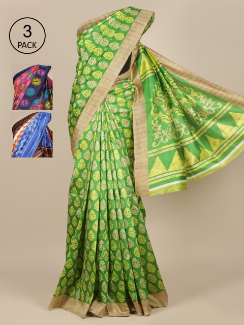 Pothys Pack of 3 Green & Pink Jute Silk Saree