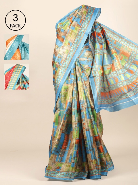 Pothys Pack Of 3 Jute Silk Sarees, Orange