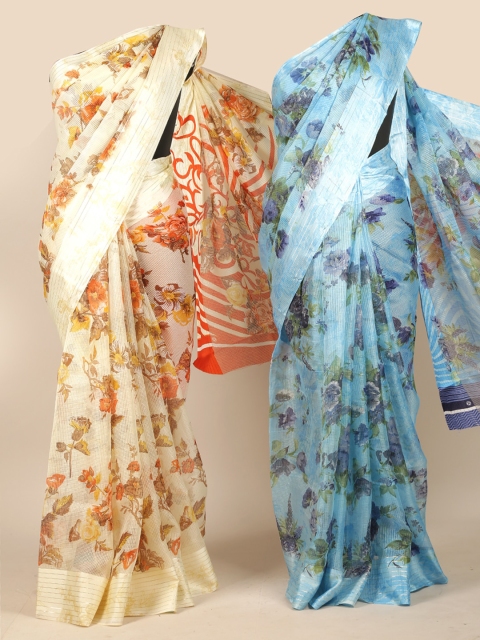 Pothys Pack Of 2 Cream & Blue Floral Jute Silk Saree
