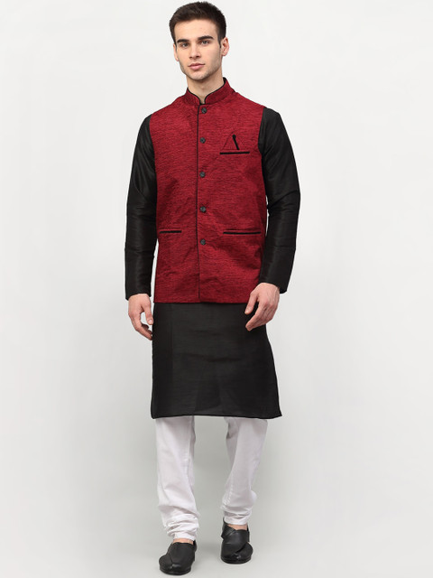 Jompers Men Black Dupion Silk Kurta with Churidar & Jacket 
Jompers Men Black Dupion Silk Kurta with Churidar & Jacket