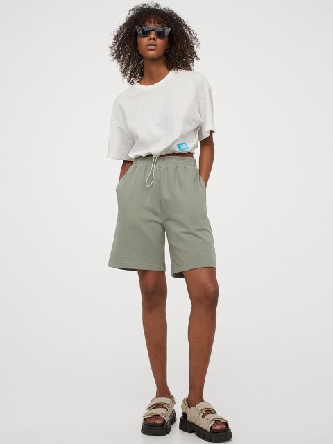 H&M Women Green Solid Wide Sweatshirt Shorts