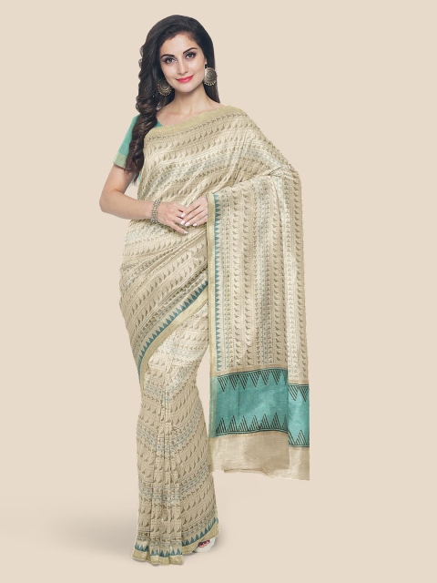 KLM Fashion Mall Cream & Green Linen Blend Saree