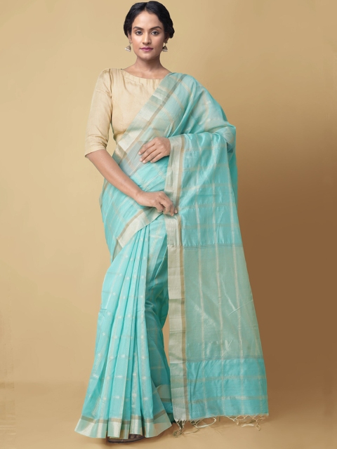 Unnati Silks Green & Gold-Toned Woven Design Zari Silk Cotton Banarasi Saree