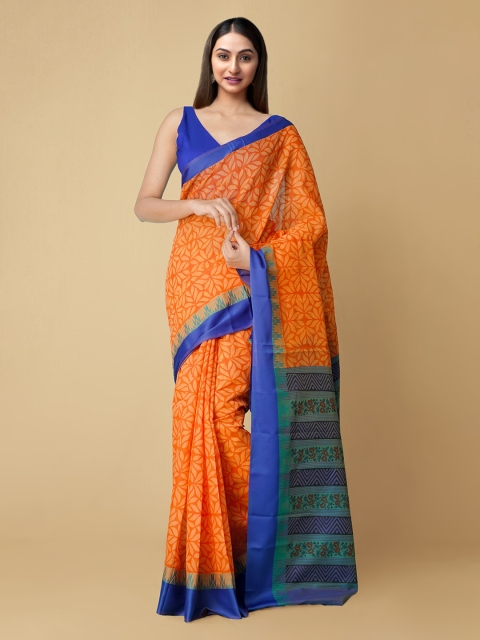 Unnati Silks Orange Woven Design Zari Silk Cotton Chanderi Saree