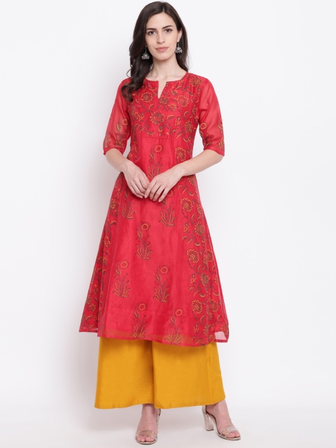 Shakumbhari Women Red Ethnic Motifs Printed Keyhole Neck Chanderi Silk Chanderi Silk Kurta