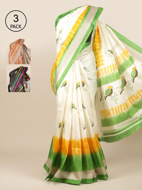 Pothys Pack Of 3 White & Black Floral Jute Silk Saree
