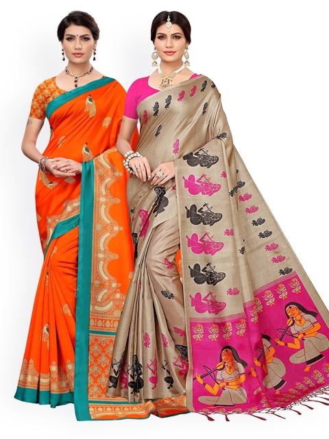 KALINI Pink & Orange Pack of 2 Ethnic Motifs Art Silk Saree