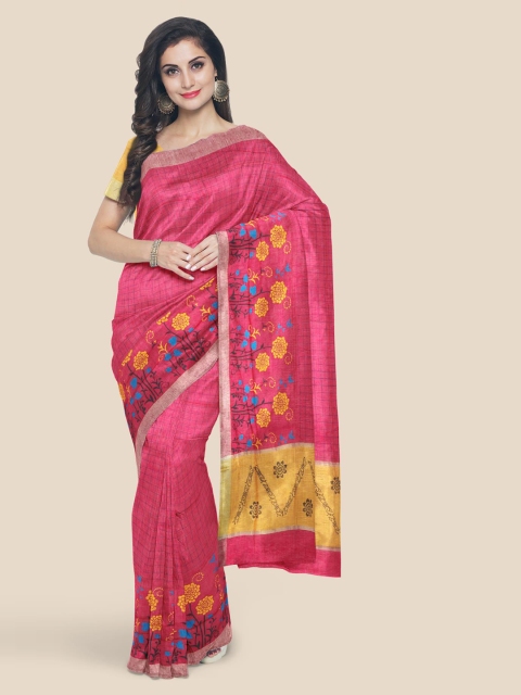 KLM Fashion Mall Pink & Yellow Floral Linen Blend Saree