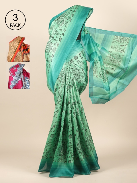 Pothys Pack Of 3 Jute Silk Sarees, Green