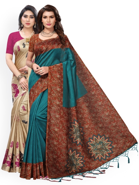 KALINI Pack Of 2 Green & Beige Ethnic Motifs Art Silk Saree