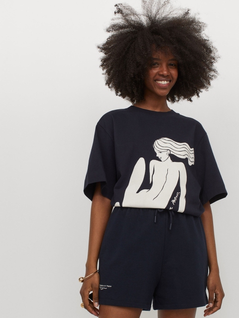 H&M Women Blue Printed Sweatshirt Shorts