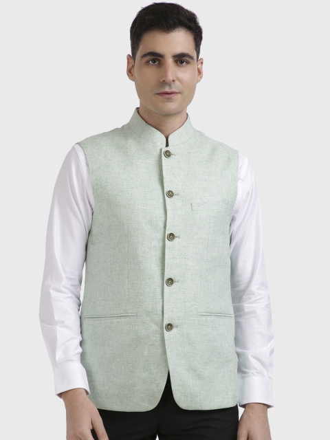 ColorPlus Men Green Solid Woven Nehru Jacket