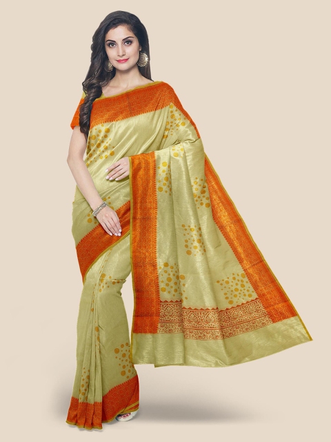 KLM Fashion Mall Green & Orange Cotton Blend Saree