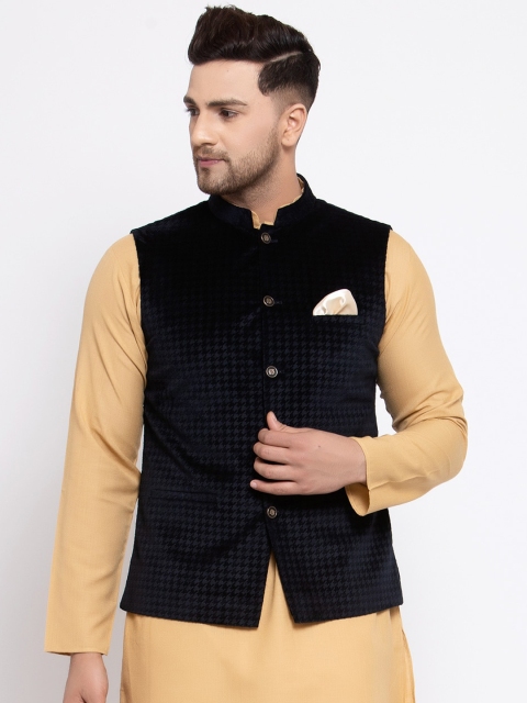 MAXENCE Men Navy-Blue Woven-Design Cotton Nehru Jacket