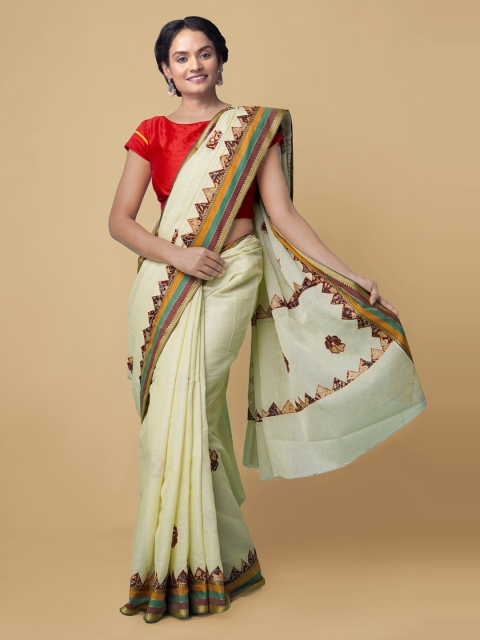 Unnati Silks Cream Woven Design Zari Pure Cotton Heavy Work Kanjeevaram Saree