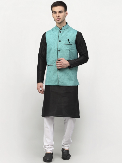 Jompers Men Black Pleated Dupion Silk Kurta with Churidar
