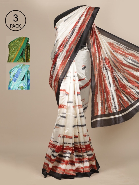 Pothys Cream & Blue Set of 3 Jute Silk Saree