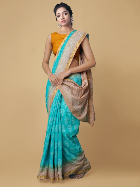 Unnati Silks Turquoise Blue & Beige Floral Zari Pure Cotton Handloom Block Print Saree
Unnati Silks Turquoise Blue & Beige Floral Zari Pure Cotton Handloom Block Print Saree