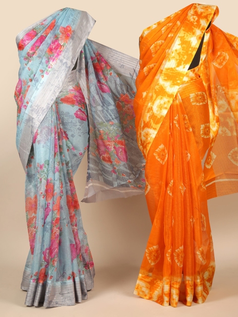 Pothys Pack Of 2 Blue & Orange Floral Zari Jute Silk Sarees