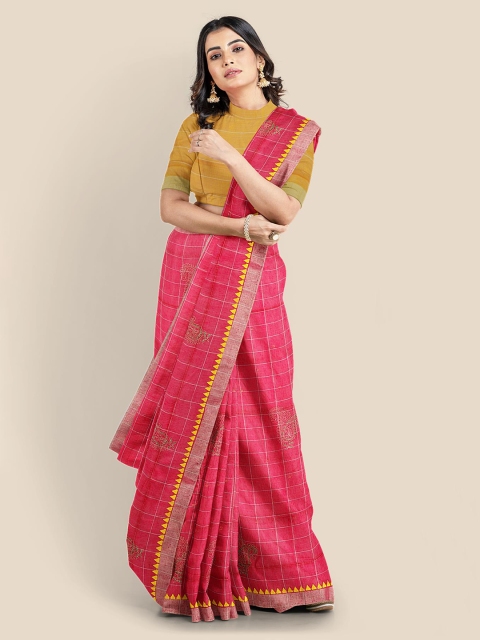KLM Fashion Mall Pink Checked Linen Blend Saree