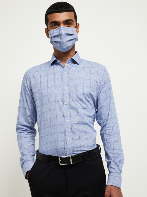 max Men Blue Checked Casual Shirt with Mask