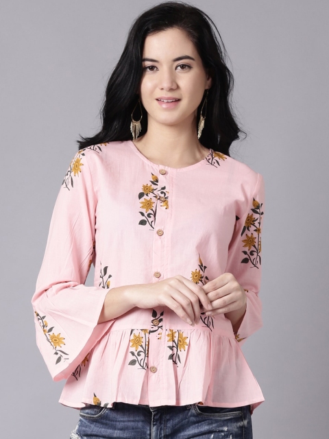 AASI - HOUSE OF NAYO Pink Floral Bell Sleeve Peplum Top