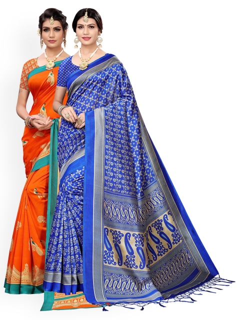 KALINI Blue & Orange Set of 2 Ethnic Motifs Art Silk Saree