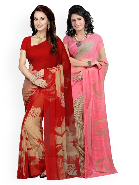 KALINI Red & Pink Pack of 2 Printed Floral Saree