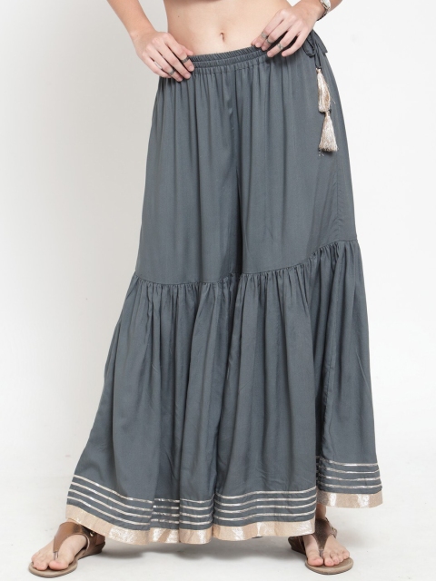 KSUT Women Grey & Gold-Toned Flared Ethnic Palazzos