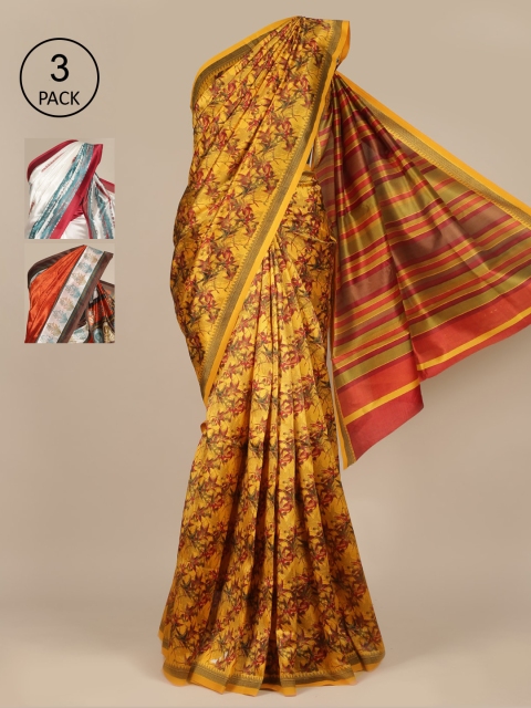 Pothys Pack of 3Yellow & White Jute Silk Saree, Yellow