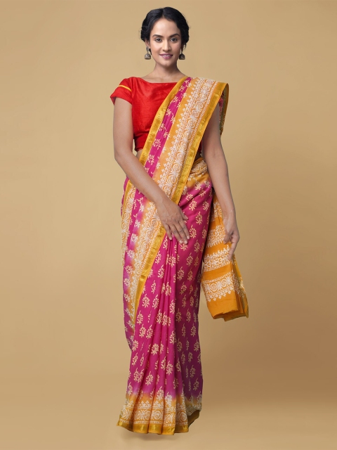 Unnati Silks Pink & Yellow Batik Zari Pure Cotton Block Print Saree