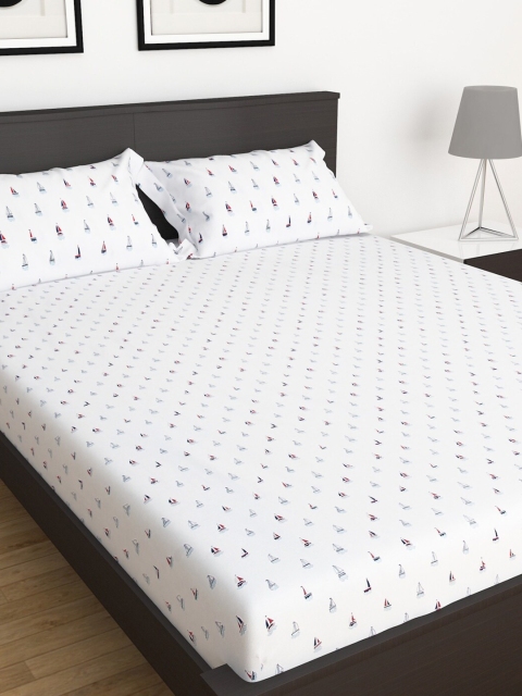 Home Centre White & Navy Blue Graphic 150 TC King Bedsheet with 2 Pillow Covers