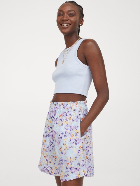 H&M Women Lavender & Blue Printed High-Waisted Shorts