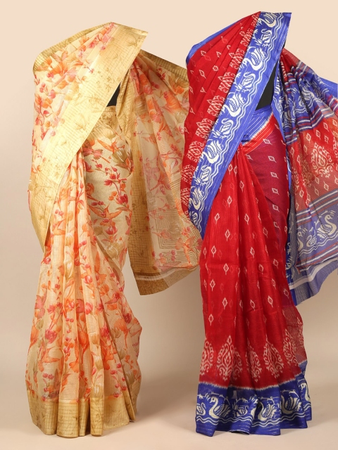 Pothys Cream & Red Pack Of 2 Floral Jute Silk Saree