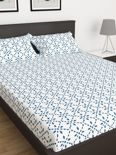 Home Centre White & Blue Ethnic Motifs 150 TC King Bedsheet with 2 Pillow Covers 
Home Centre White & Blue Ethnic Motifs 150 TC King Bedsheet with 2 Pillow Covers