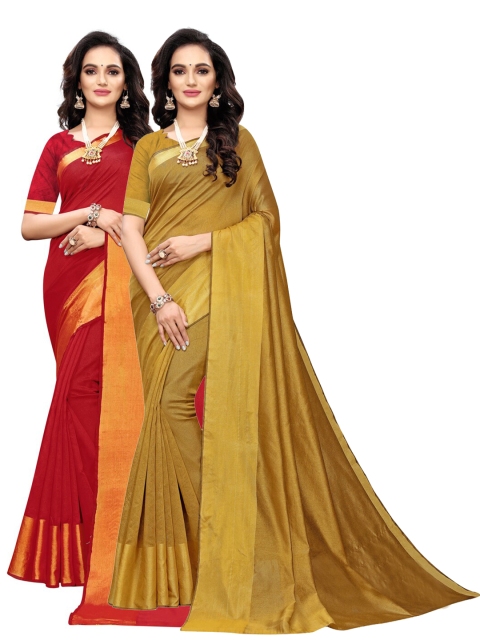 KALINI Pack Of 2 Silk Cotton Chanderi Saree, Red