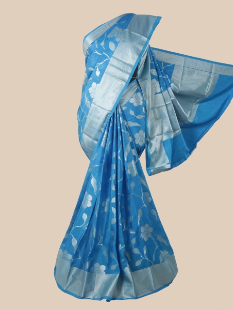 Pothys Blue & Silver-Toned Floral Zari Silk Blend Tussar Saree