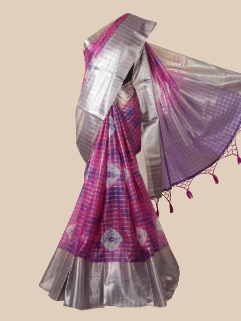 Pothys Violet & Silver-Toned Bandhani Zari Tissue Saree