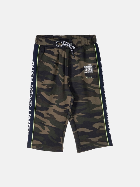 Monte Carlo Boys Olive Camouflage Printed Mid-Rise Shorts