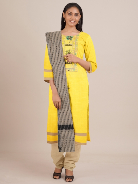 Pothys Yellow & Beige Embroidered Unstitched Dress Material