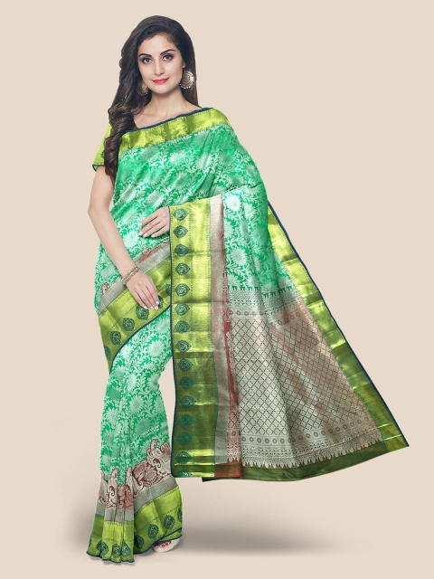KLM Fashion Mall Green & Red Zari Silk Blend Kanjeevaram Saree