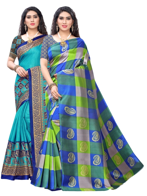 KALINI Blue & Beige Pack of 2 Ethnic Motifs Art Silk Saree