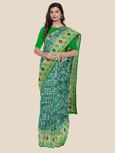 KLM Fashion Mall Teal Green & Silver-Coloured Zari Silk Blend Banarasi Saree