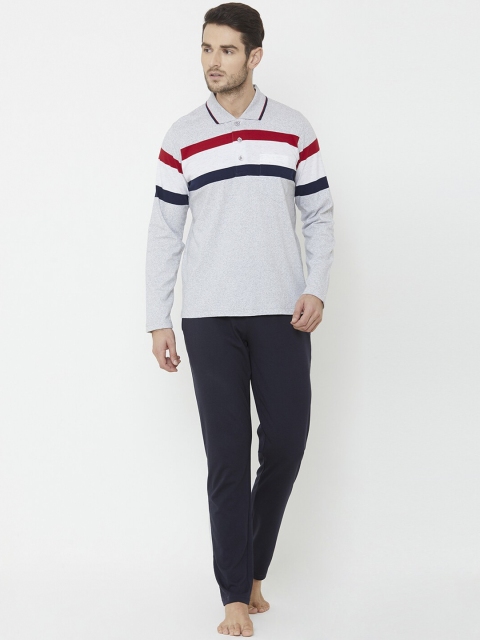Sweet Dreams Men Grey Melange & Navy Blue Striped Night suit