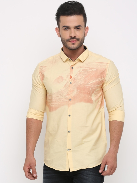 WITH Men Yellow Slim Fit Abstract Printed Cotton Casual Shirt